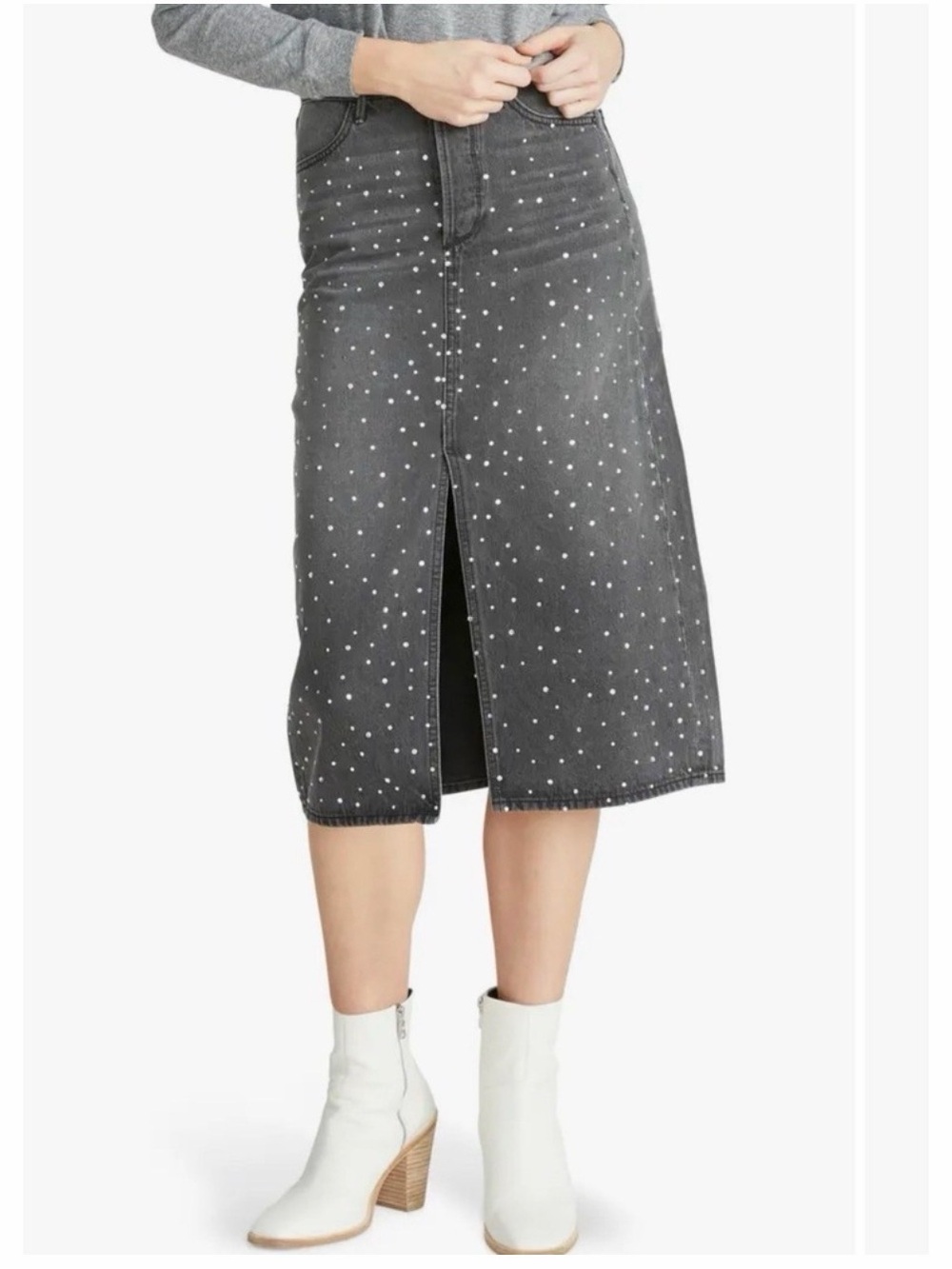 Driftwood Piper After Party Grey Denim Midi Skirt with Rhinestone Embellishment